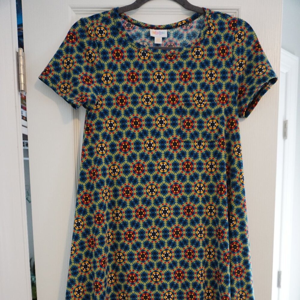 PRE-OWNED Lularoe Multi Colorblock Floral Hexagon CARLY DRESS Women XXS RETIRED